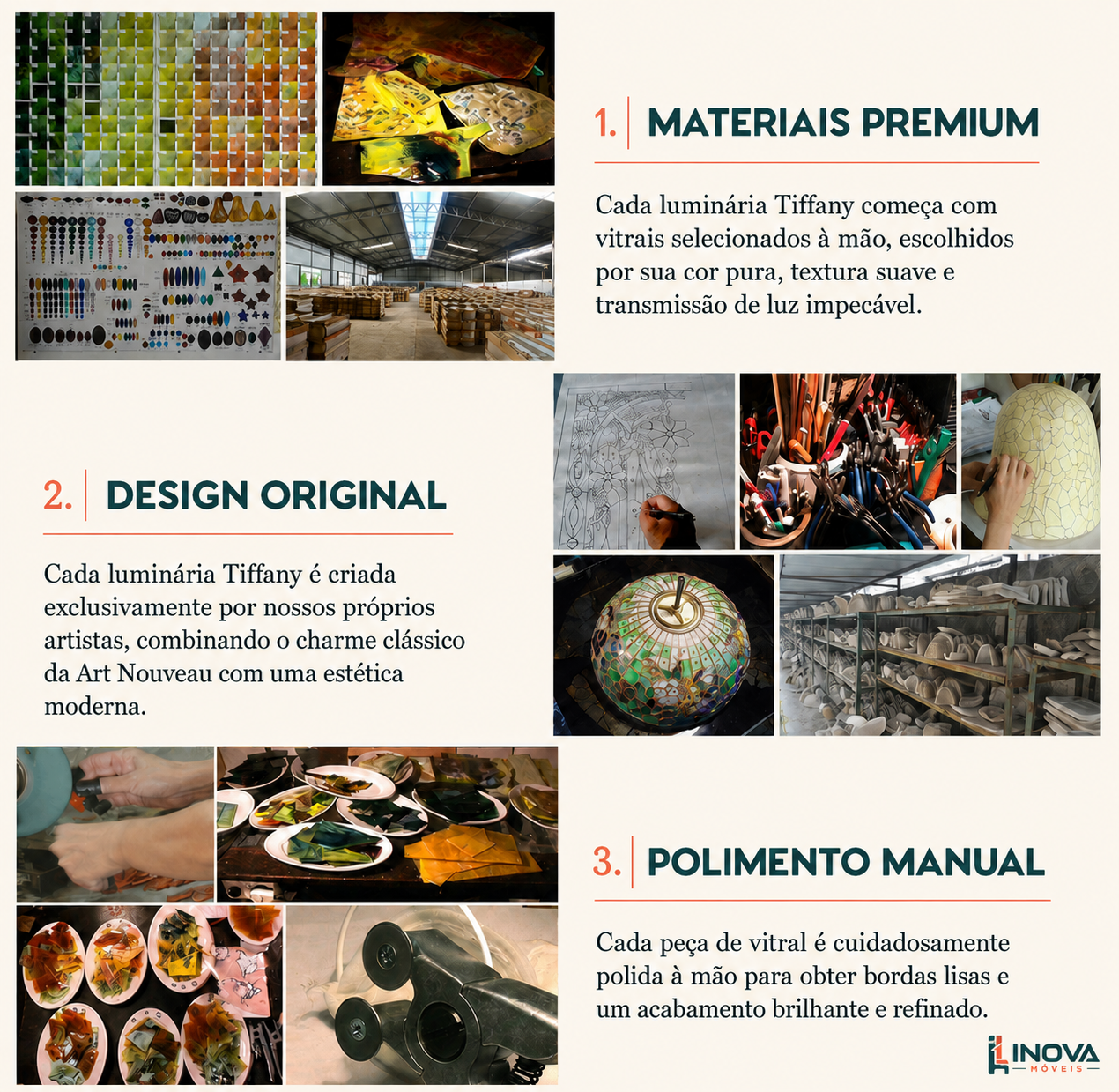 Etapas 1 a 3 da produção artesanal das luminárias Tiffany