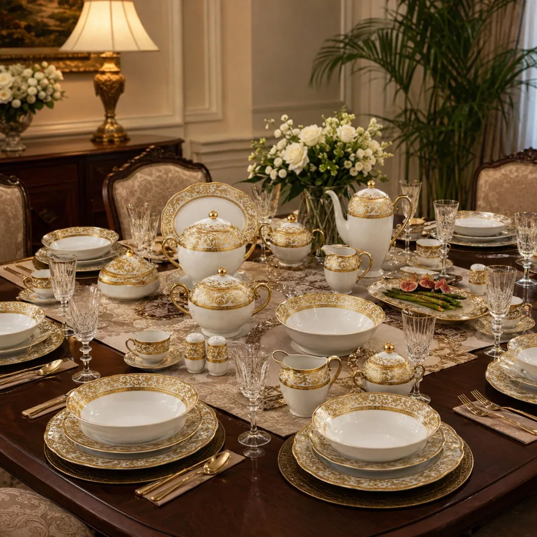 Aparelho de Jantar Arabesco Dourado 62 Peças em ambiente decorado