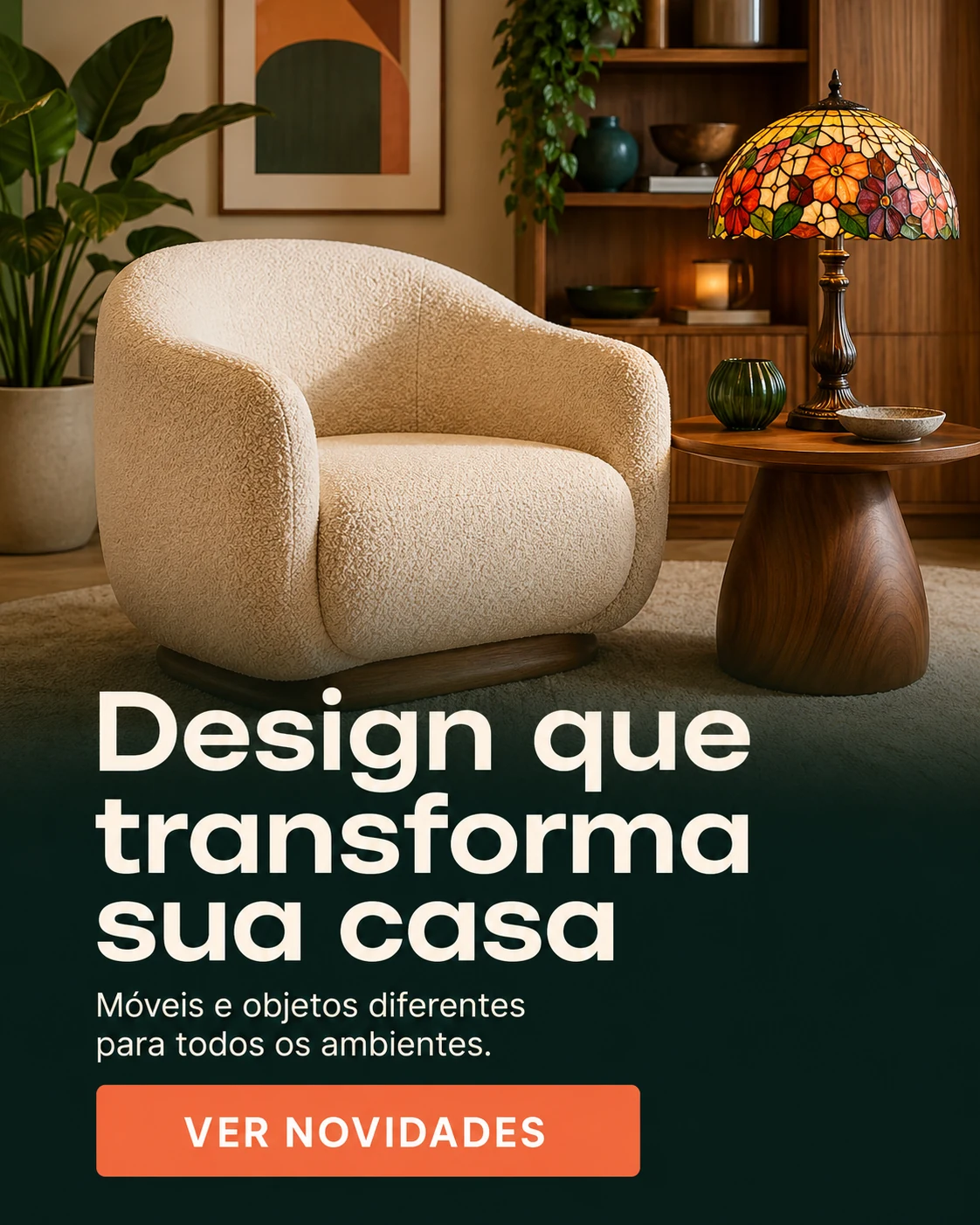 Poltrona bouclé, mesa lateral de madeira e abajur em vitral em uma sala decorada