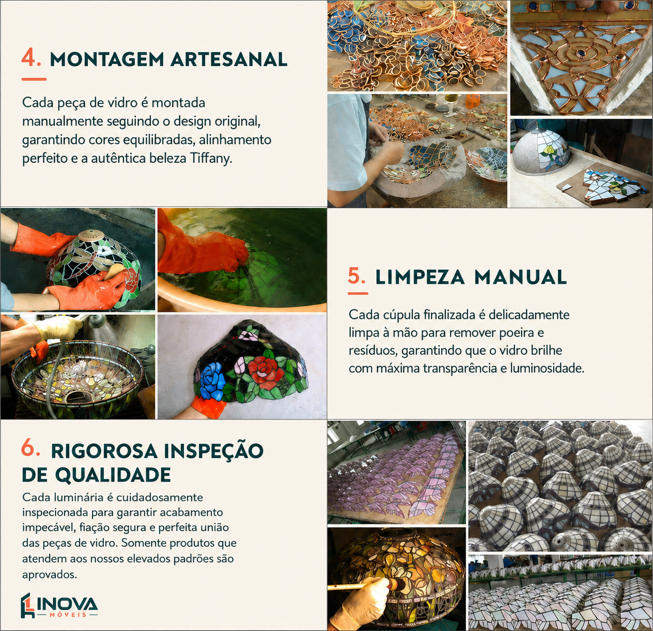 Etapas 4 a 6 da produção artesanal das luminárias Tiffany