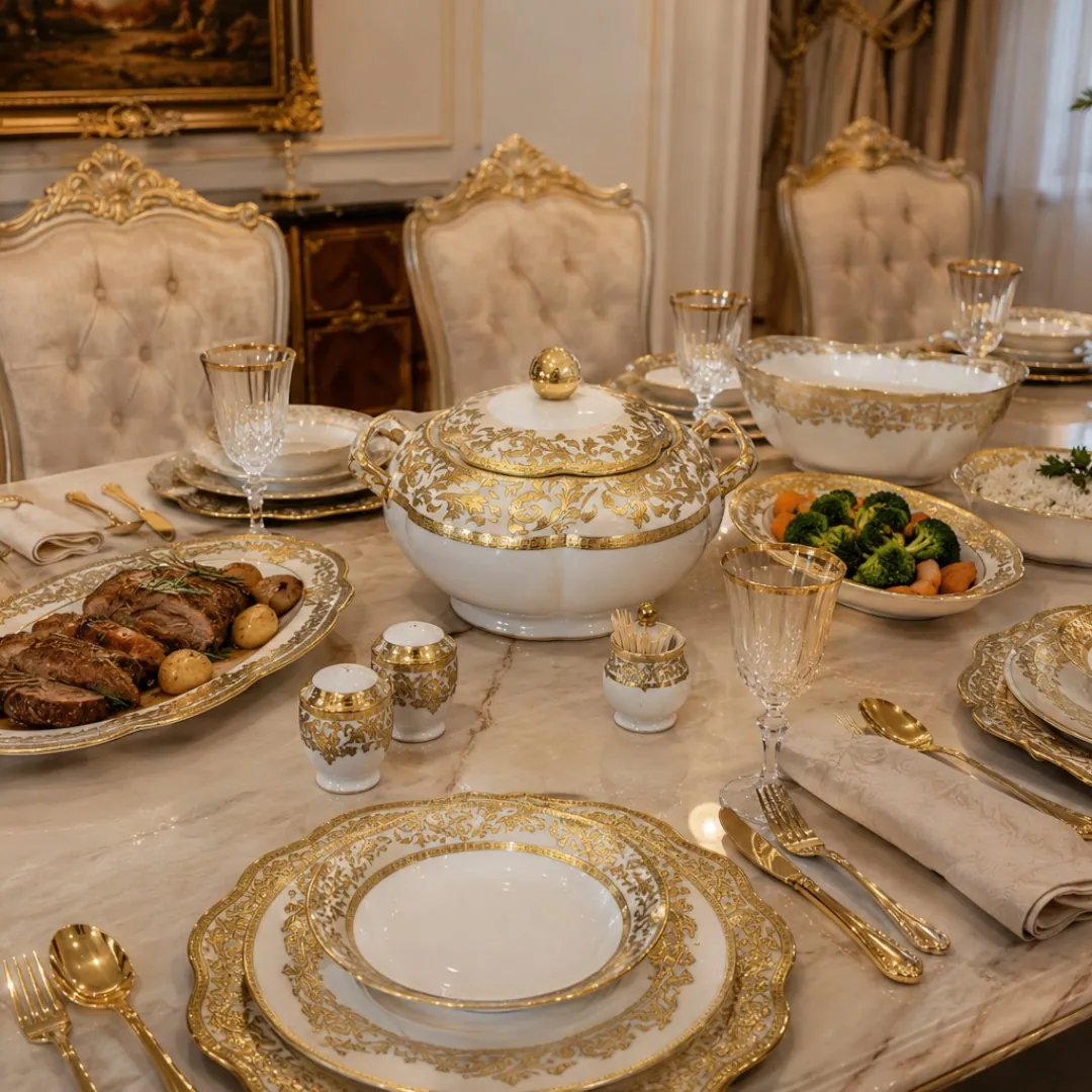 Aparelho de Jantar Arabesco Dourado 32 Peças em ambiente decorado